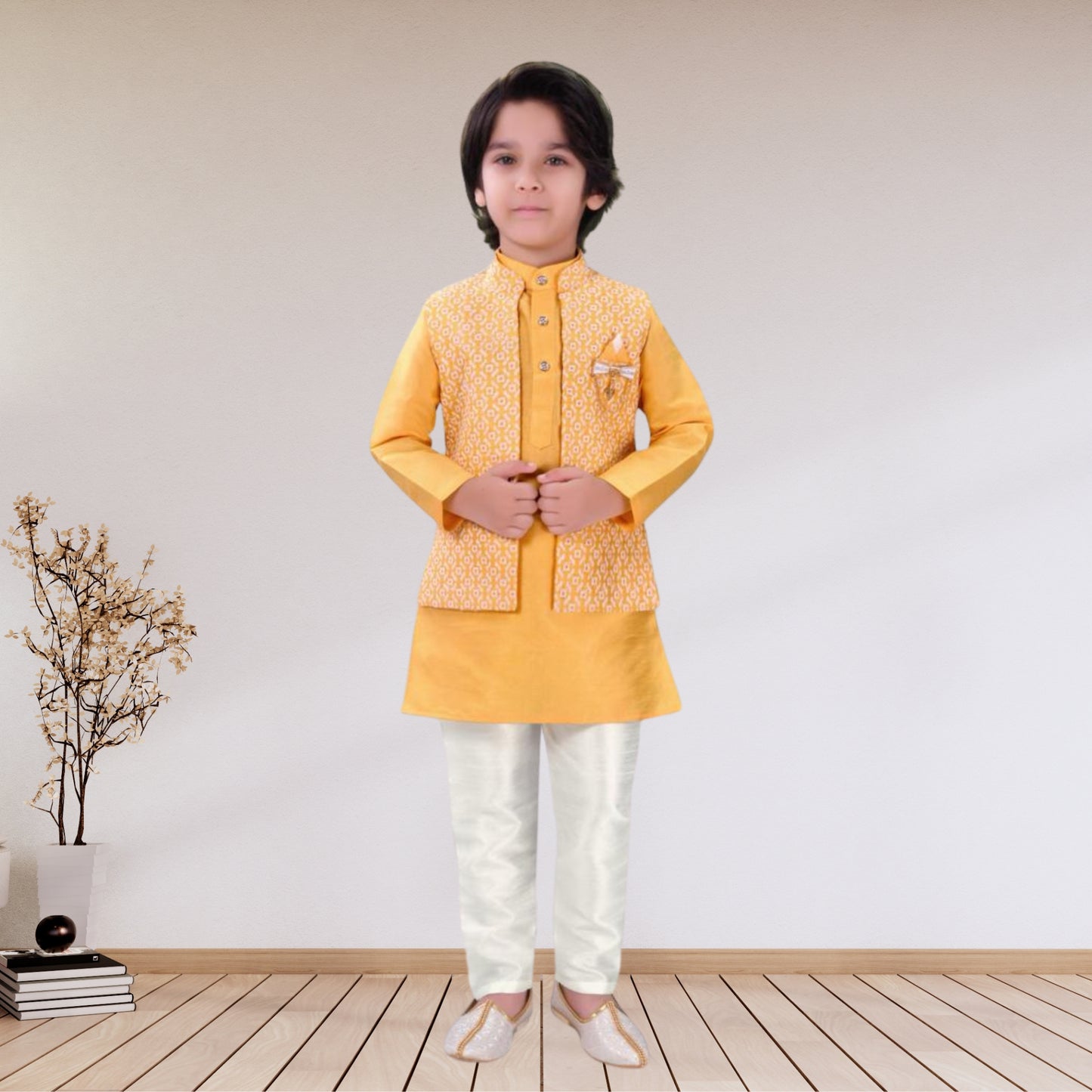 (OJ-DD1809) Turmeric Yellow Chikankari Jacket with Cotton Silk Kurta and Pajamas