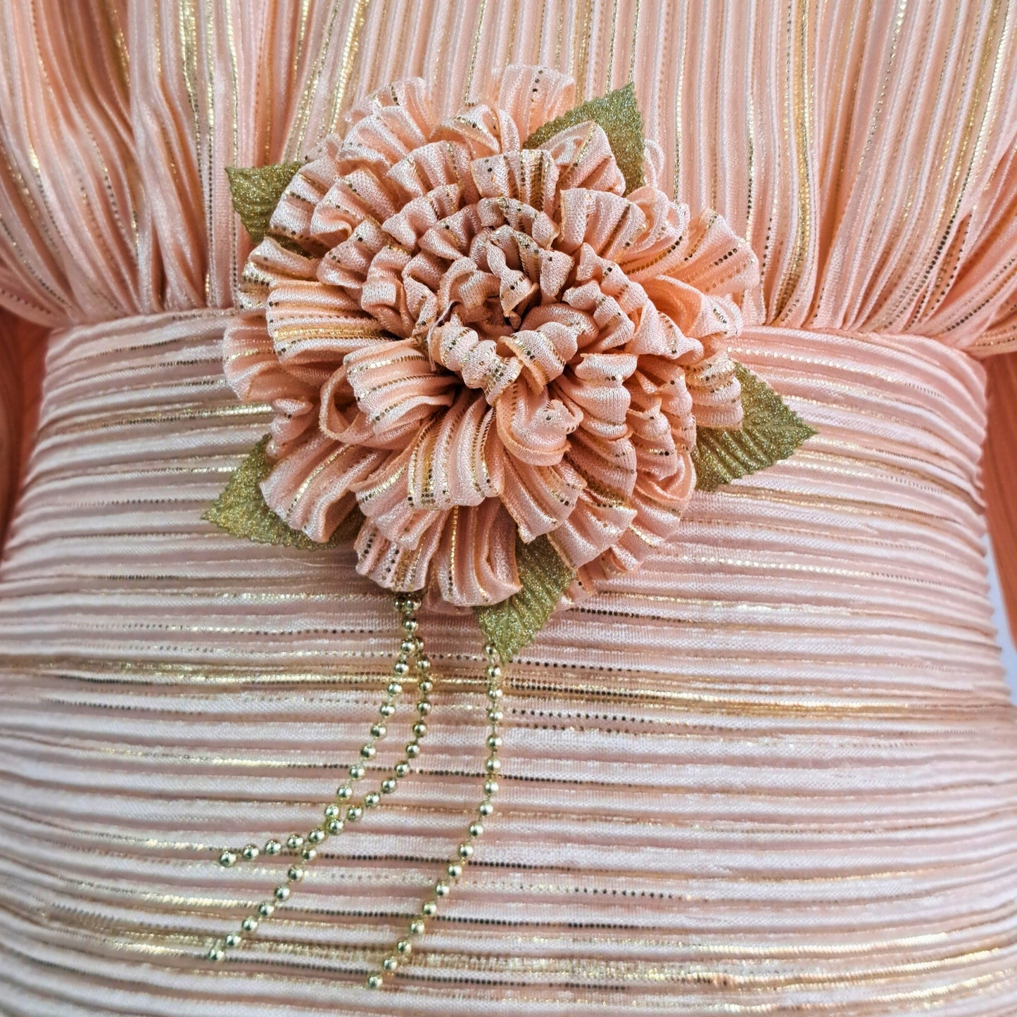 (RC-W-057) Balloon Puff Sleeves Crushed Pattern Party Dress - Peach color