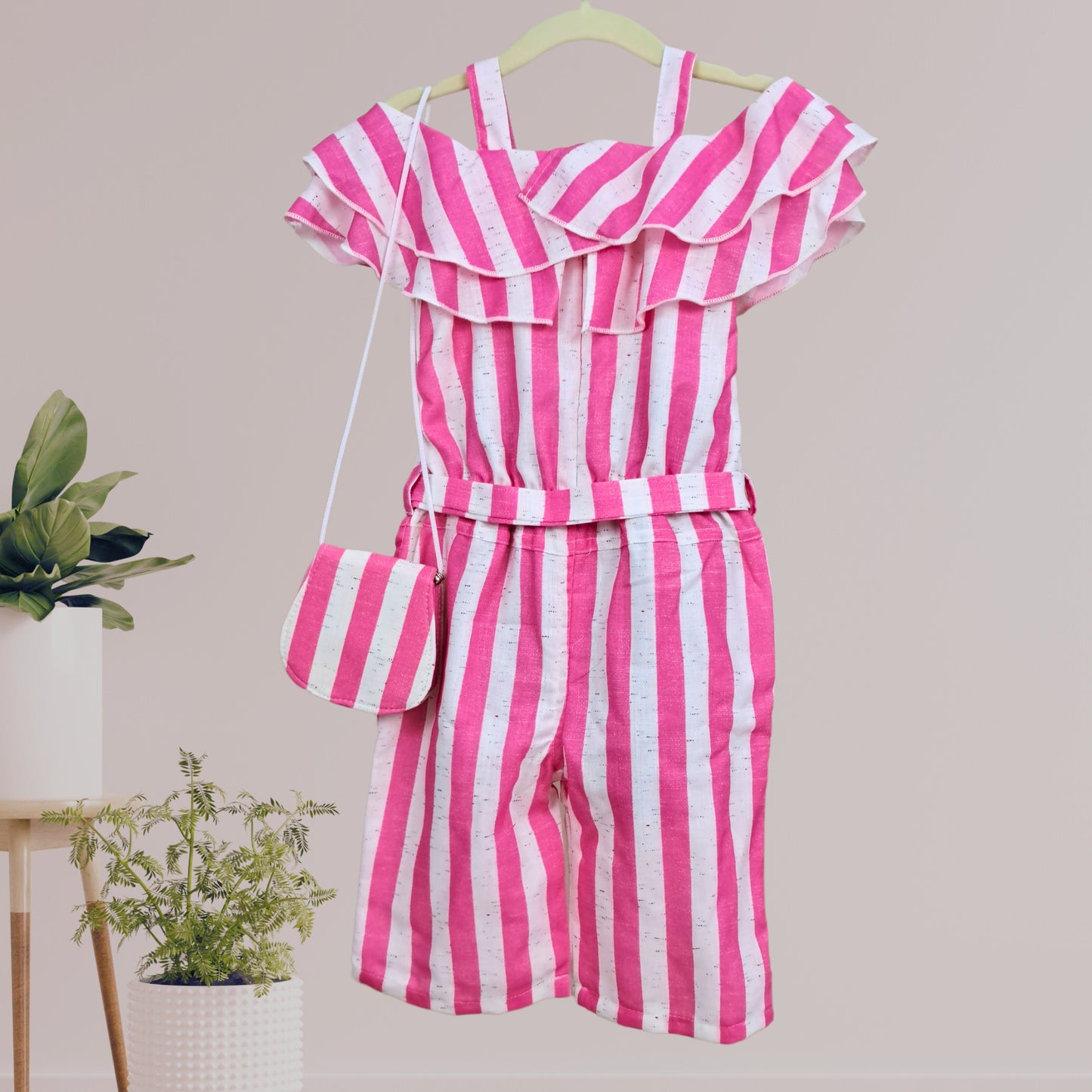 (RC-7795) Pink and White Frill Neck Striped Jumpsuit with matching Sling Bag