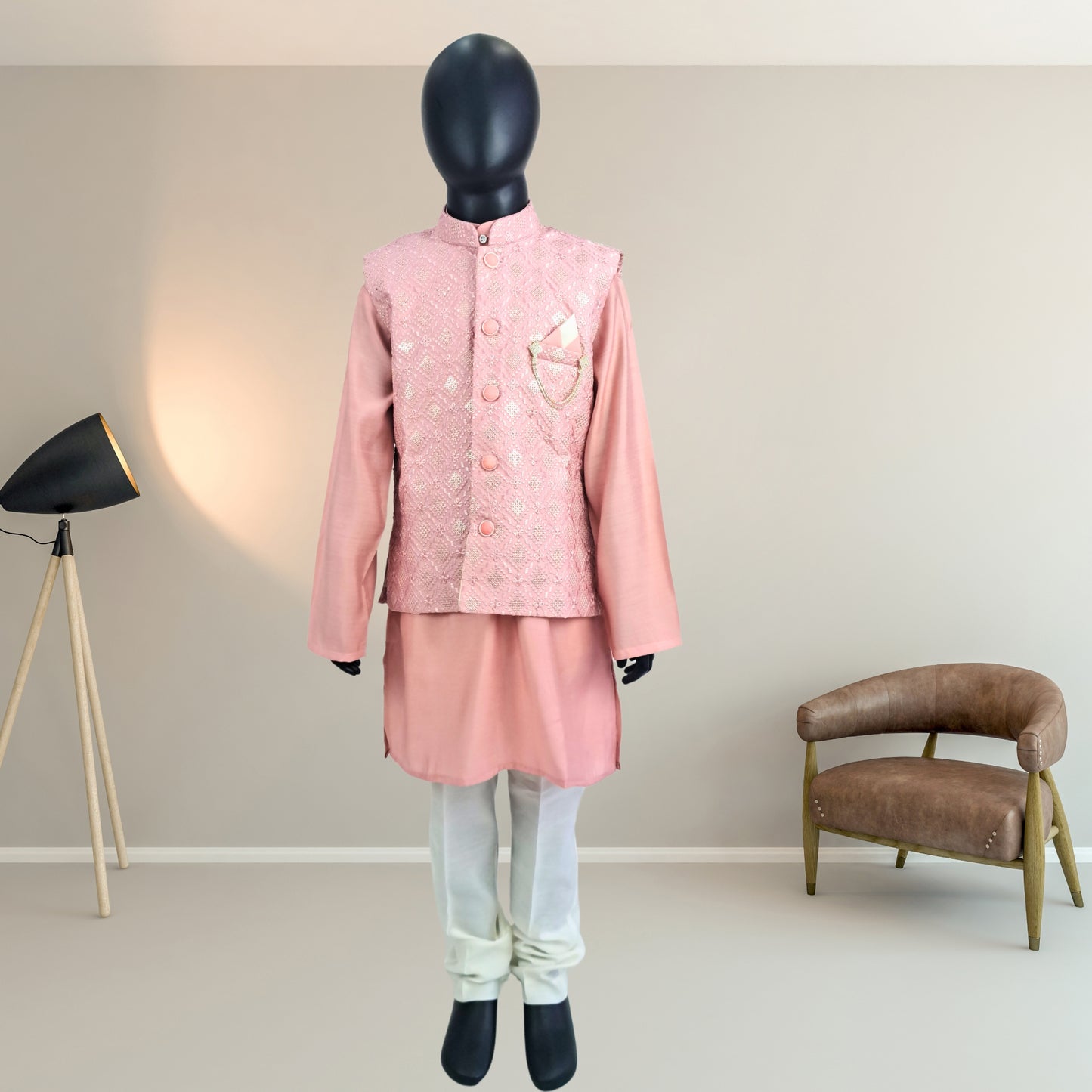 (OJ-DD1749) Onion Pink Sequins Work Chikankari Jacket with Kurta and Pajamas