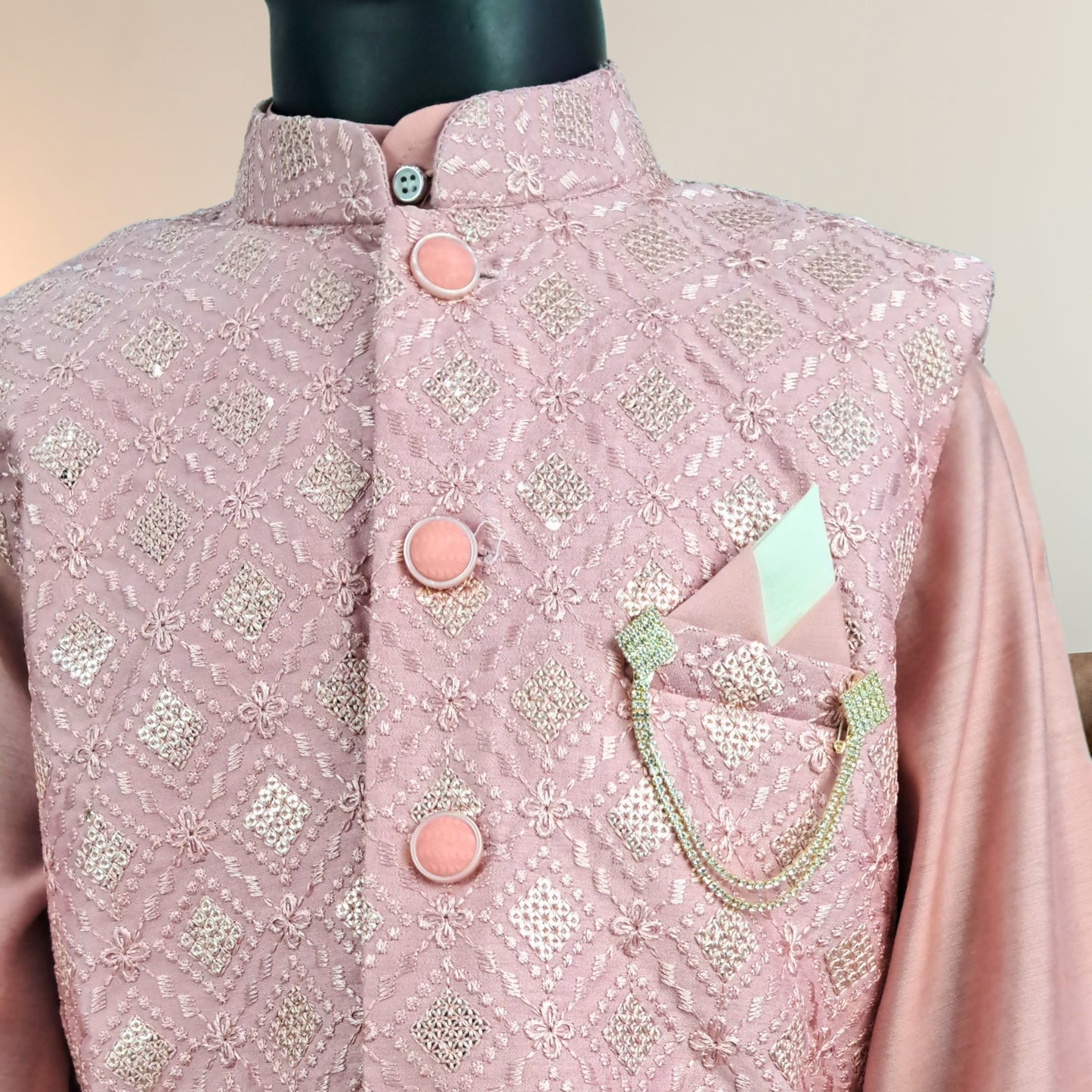 (OJ-DD1749) Onion Pink Sequins Work Chikankari Jacket with Kurta and Pajamas