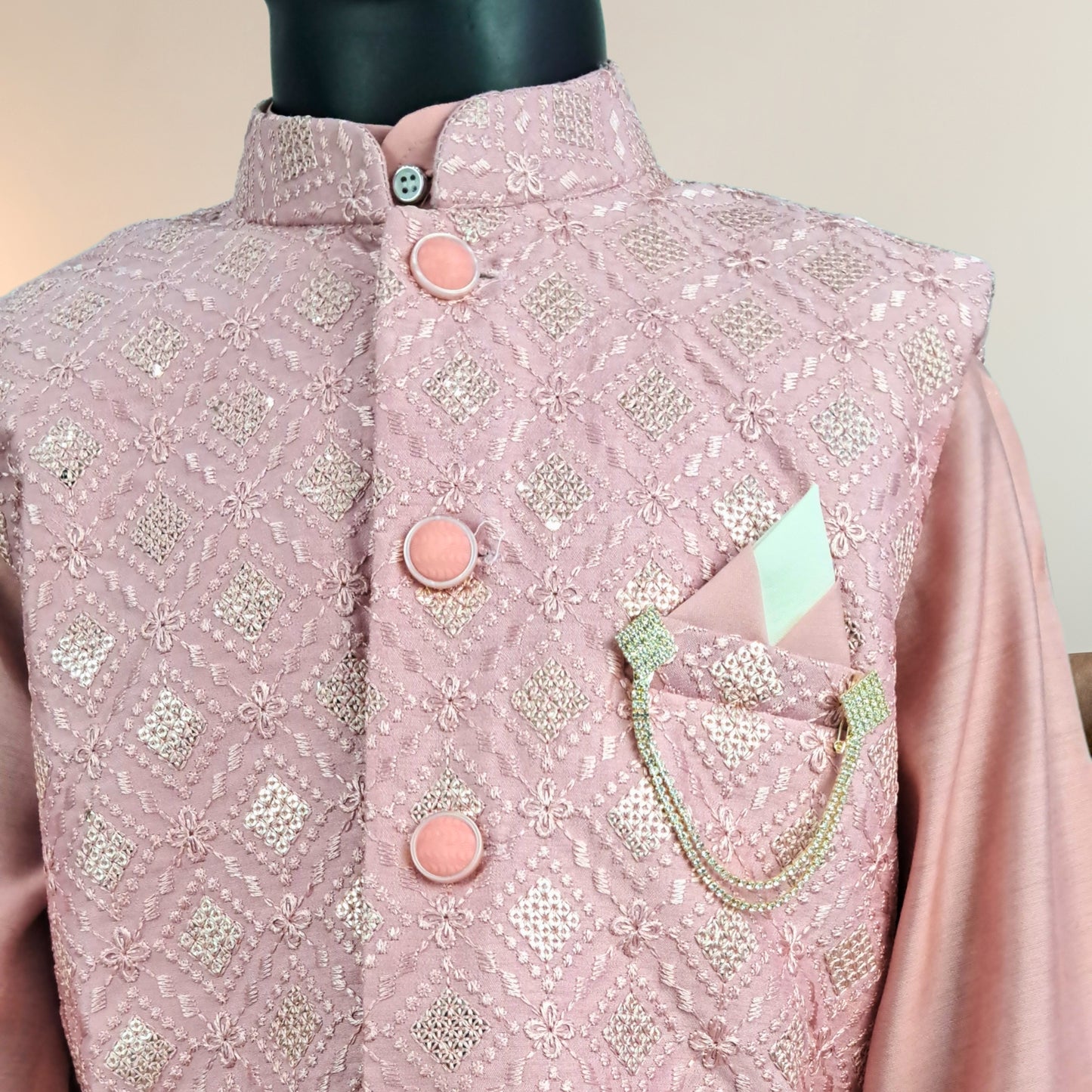 Onion Pink Sequins Work Chikankari Jacket with Kurta and Pajamas