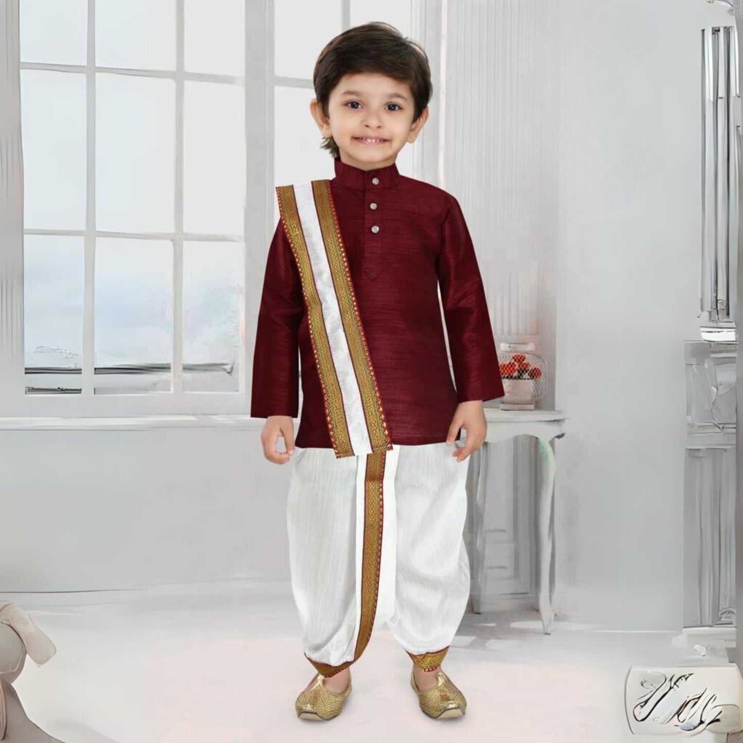 (OJ-PS1285) Maroon Cotton Silk Kurta and Dhoti set with Uparna/Angavastram