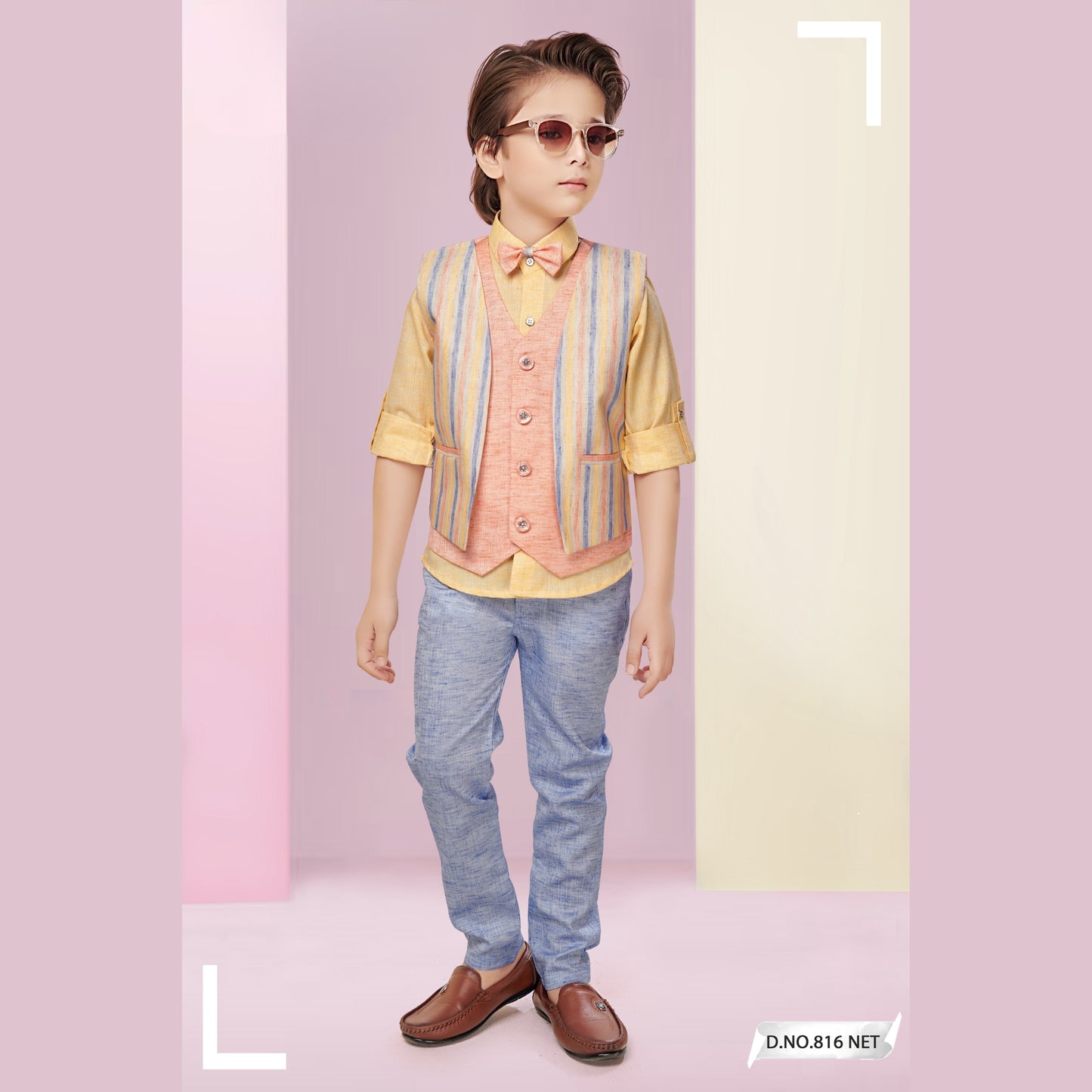 (FS-816) Boys 4 pc shirt waist-coat with bowtie set 3 to 10 yrs