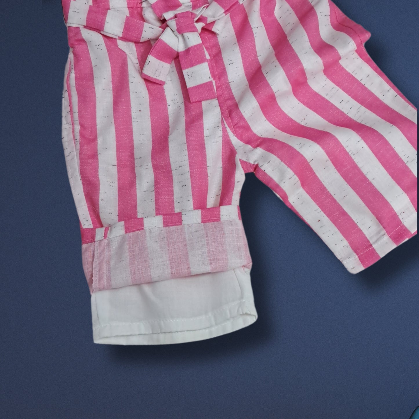 (RC-7795) Pink and White Frill Neck Striped Jumpsuit with matching Sling Bag