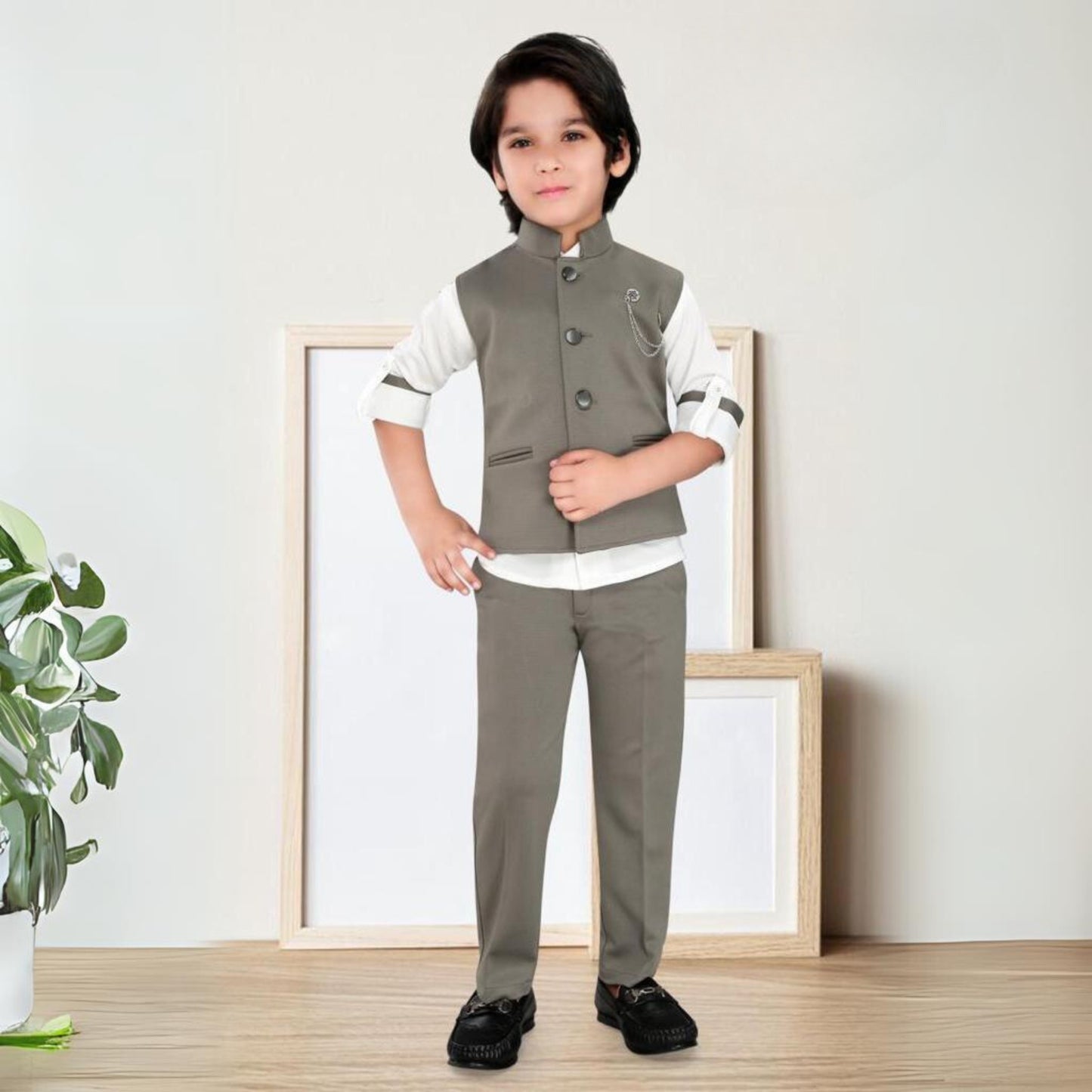 Grey and White Chinese Collar Party Jacket Suit