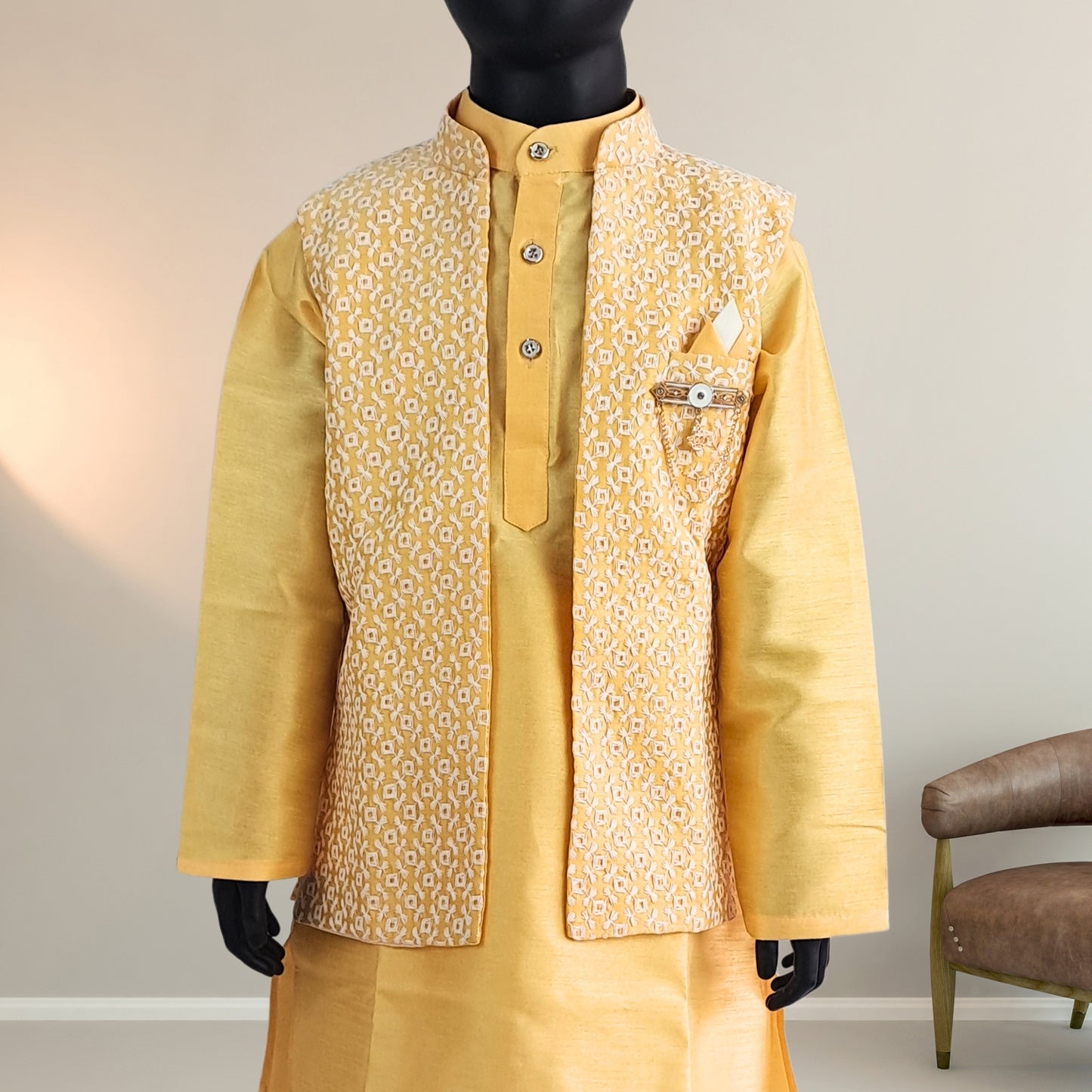 (OJ-DD1809) Turmeric Yellow Chikankari Jacket with Cotton Silk Kurta and Pajamas