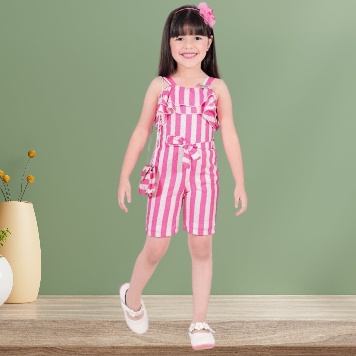 (RC-7795) Pink and White Frill Neck Striped Jumpsuit with matching Sling Bag