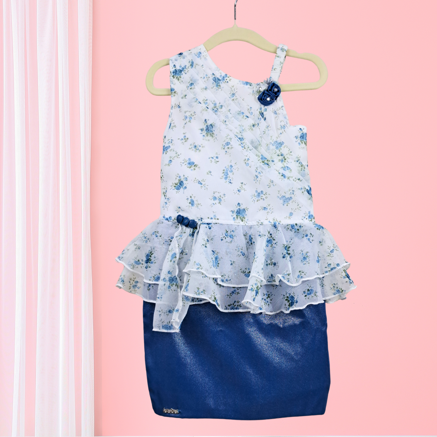 (RC-5219) White and Blue Shimmer Party Mini Dress with Asymmetric Neck and Frill Detailing