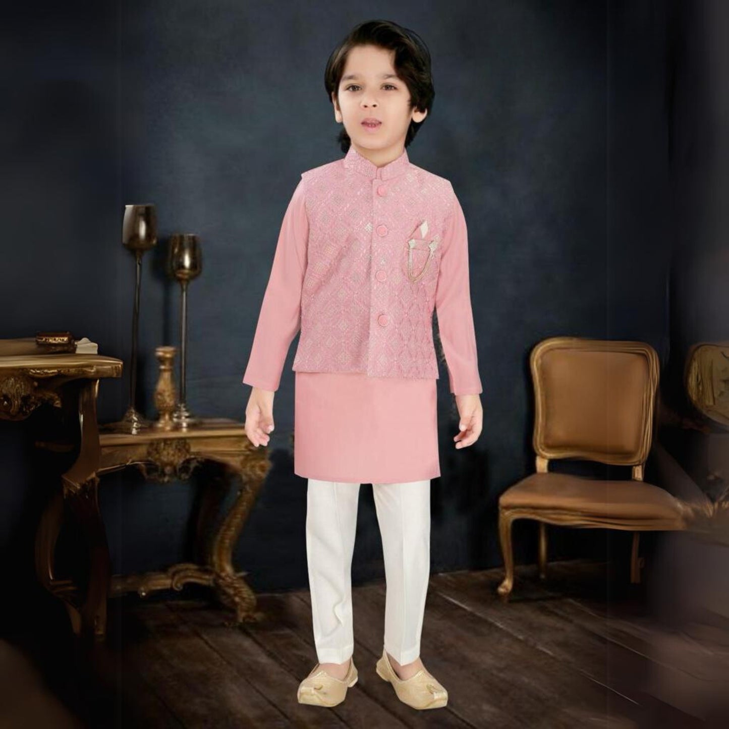 (OJ-DD1749) Onion Pink Sequins Work Chikankari Jacket with Kurta and Pajamas