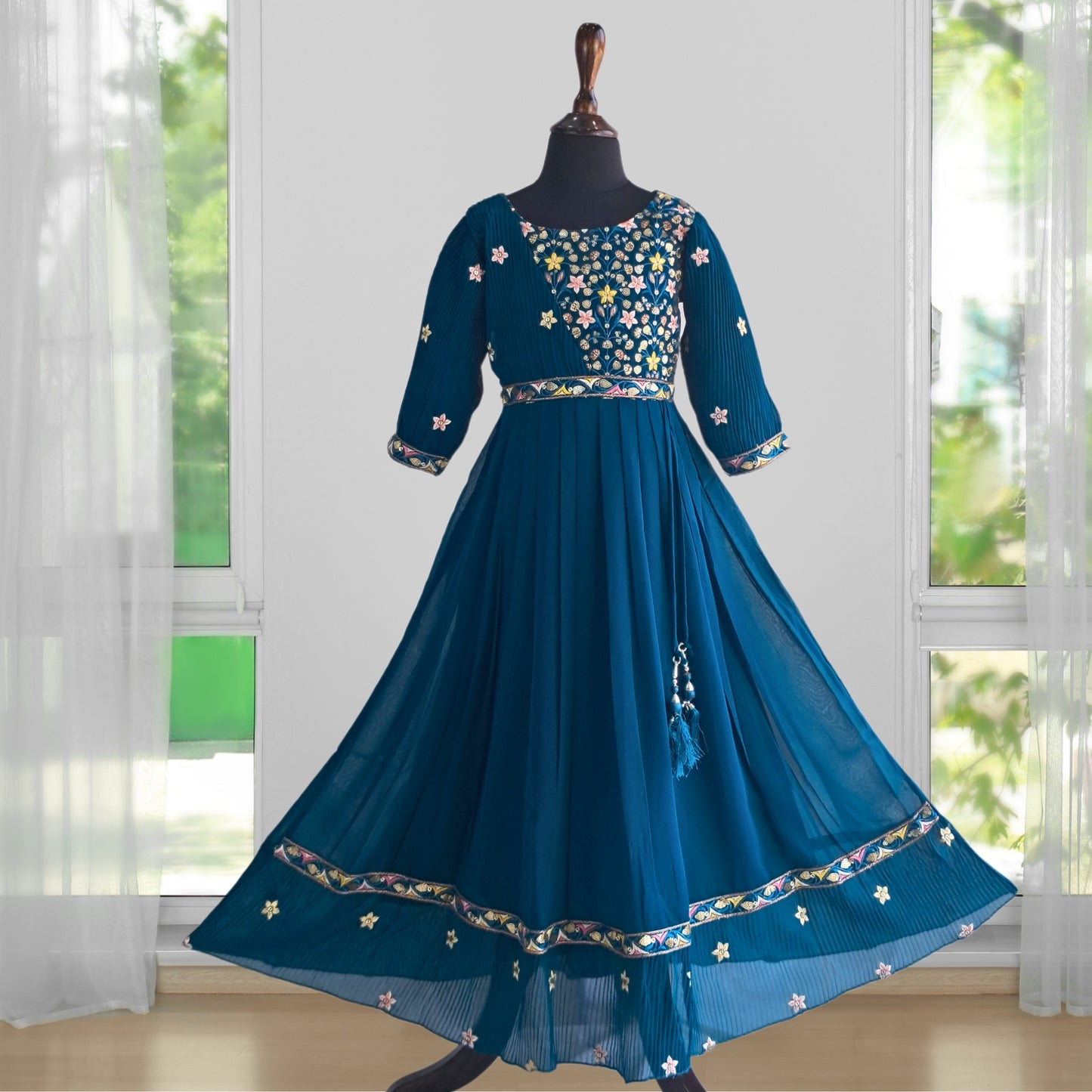 (AD-9102) Teal Blue Multi Color Embroidery Asymmetric Neck Georgette Gown