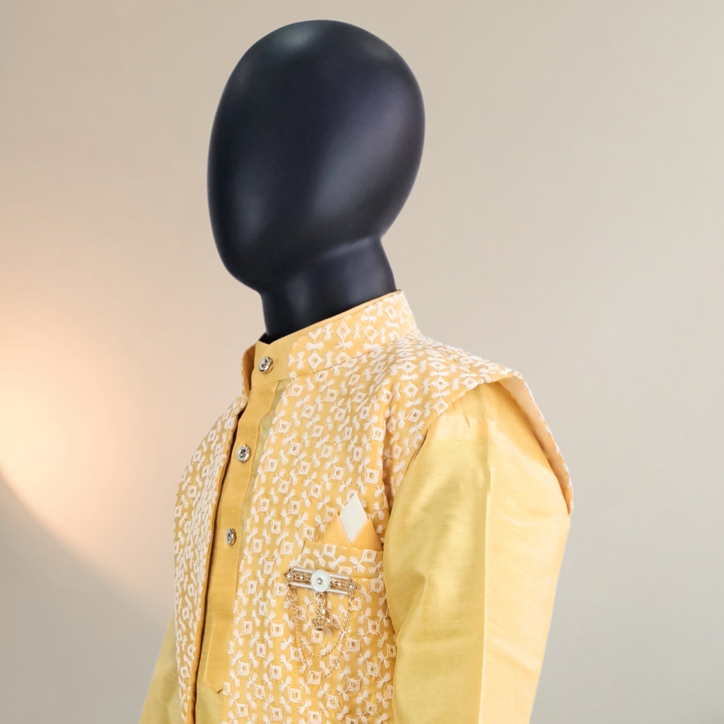 (OJ-DD1809) Turmeric Yellow Chikankari Jacket with Cotton Silk Kurta and Pajamas