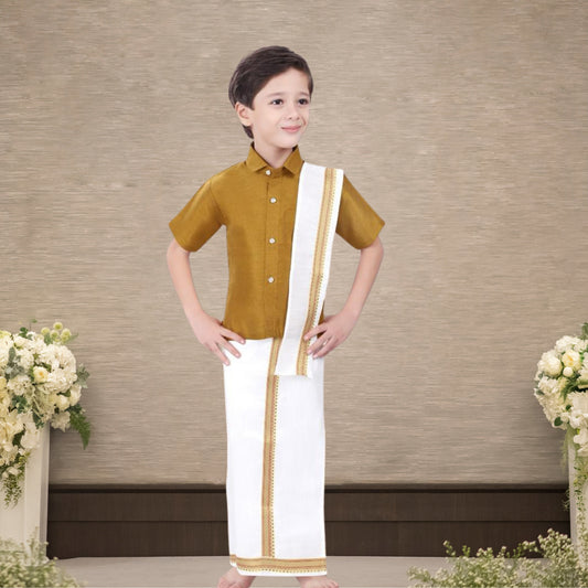 Mustard Yellow Cotton Silk Half Sleeves Shirt and Mundu Lungi set with Uparna/Towel