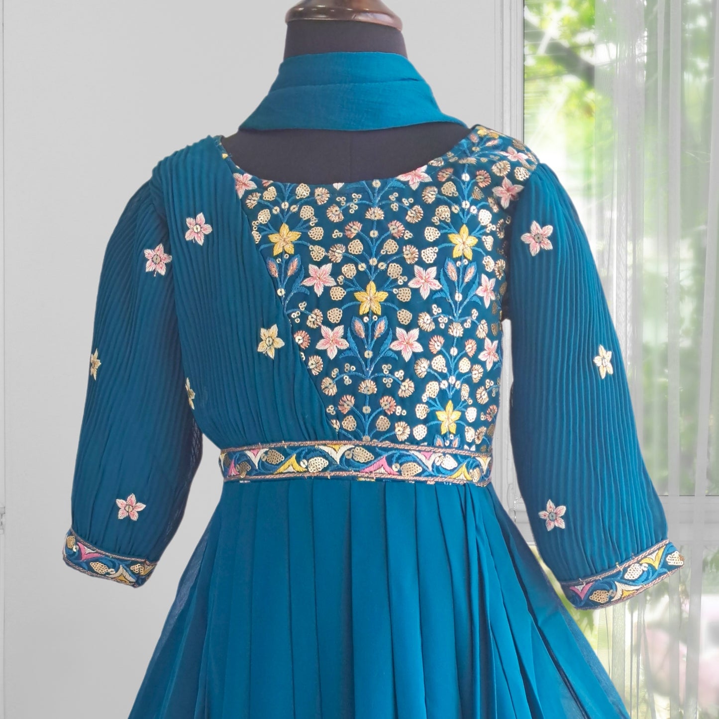 (AD-9102) Teal Blue Multi Color Embroidery Asymmetric Neck Georgette Gown