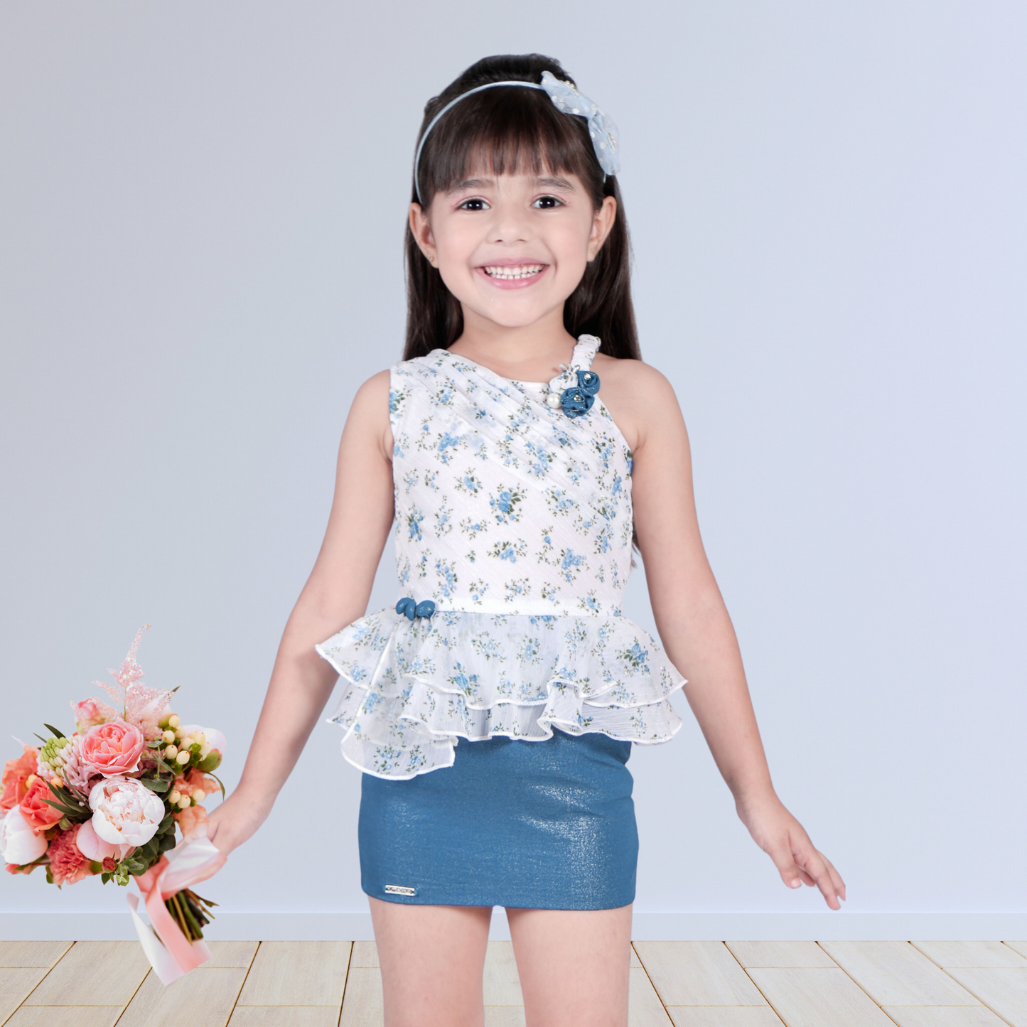 (RC-5219) White and Blue Shimmer Party Mini Dress with Asymmetric Neck and Frill Detailing