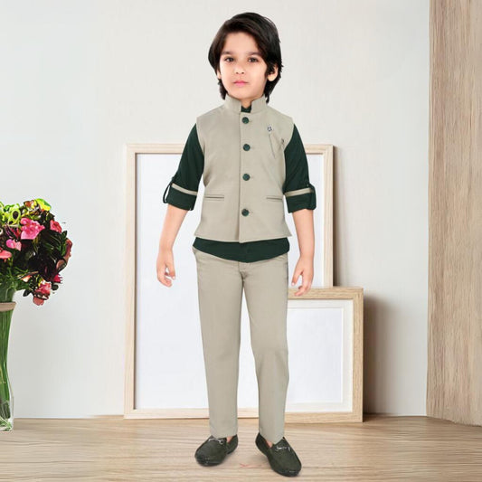 Beige and Dark Green Chinese Collar Party Jacket Suit