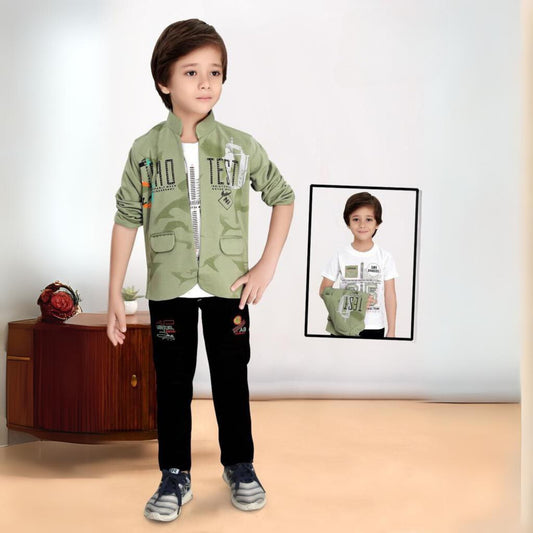 (OJ-FF6697) Full Sleeves Soft Olive Green Blazer with White T-shirt 3 Piece Trendy Party Suit with Graffiti