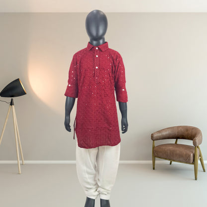 Full Sleeves Sequins Work Chikankari Pathani Suit - Maroon