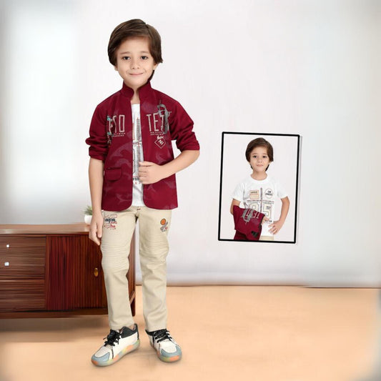 (OJ-FF6699) Full Sleeves Soft Maroon Blazer with White T-shirt 3 Piece Trendy Party Suit with Graffiti