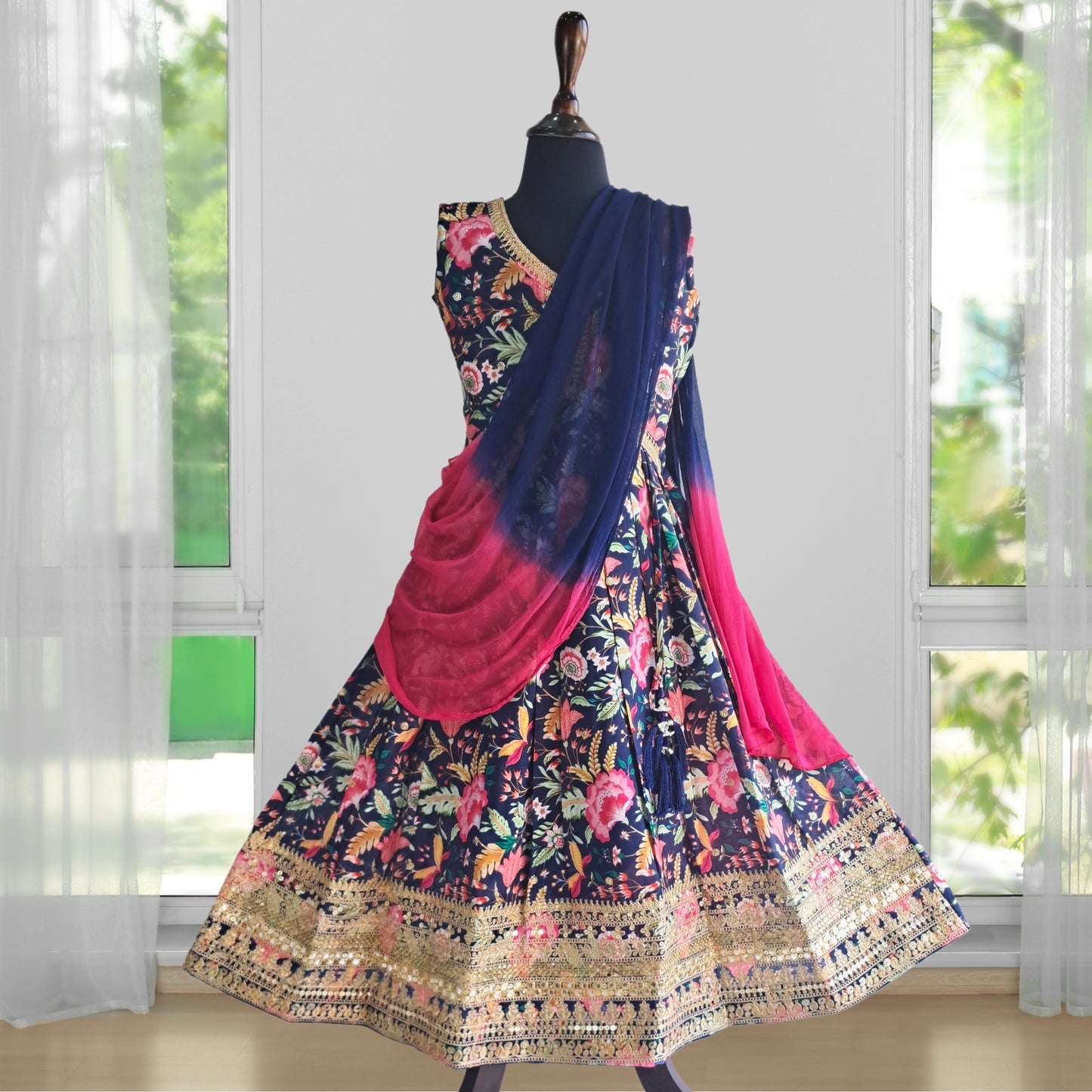 (AD-9128) Navy Blue Alia Cut Ethnic Dress With Flower Print and Gota Patti Lace