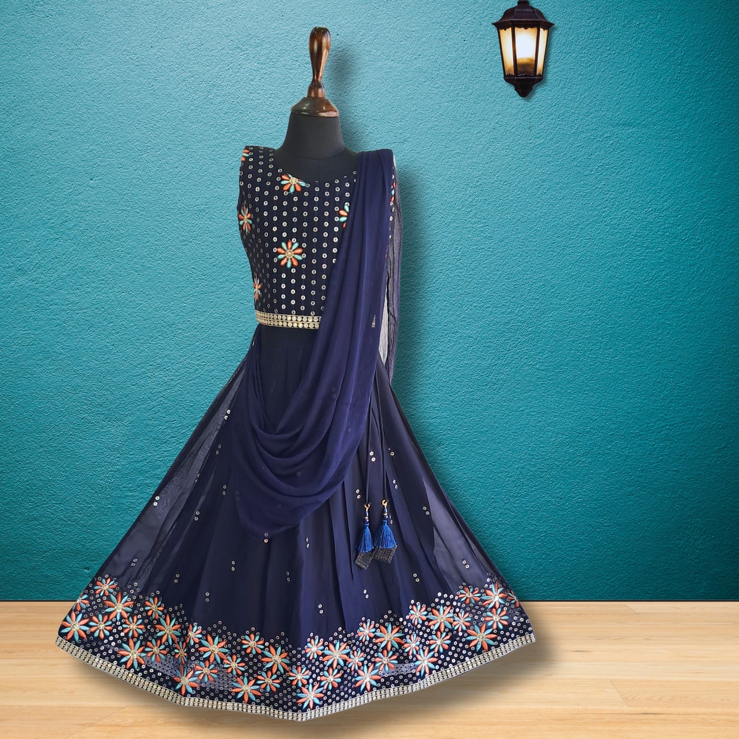 Navy Blue Pleated Rich Border Lehenga/Ghagra With Multi-color Embroidery Choli