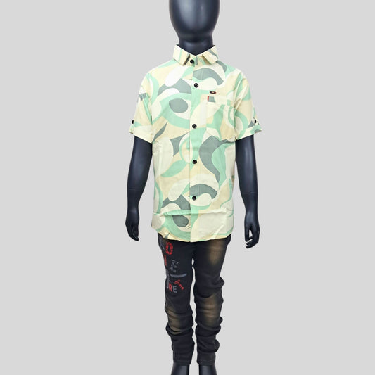 Half Sleeves Abstract Design Shirt & Olive Green Wash Jeans