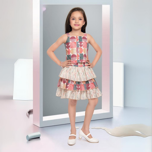 (MK-1367) Geometrical Print Divider Skirt and Top with pearl detailing