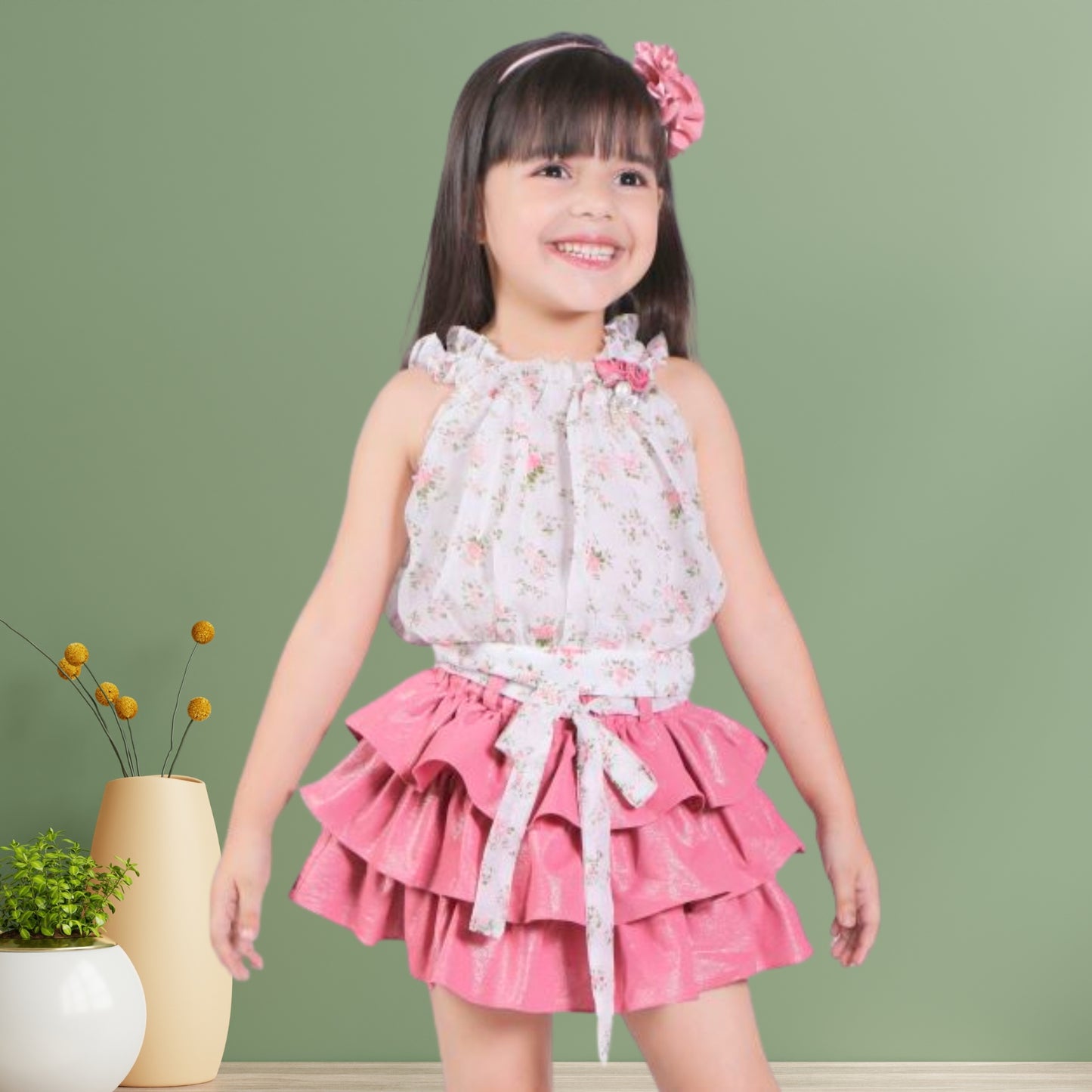 (RC-8798) Flower Printed White Party Top and Dark Pink Shimmer Layered Skirt