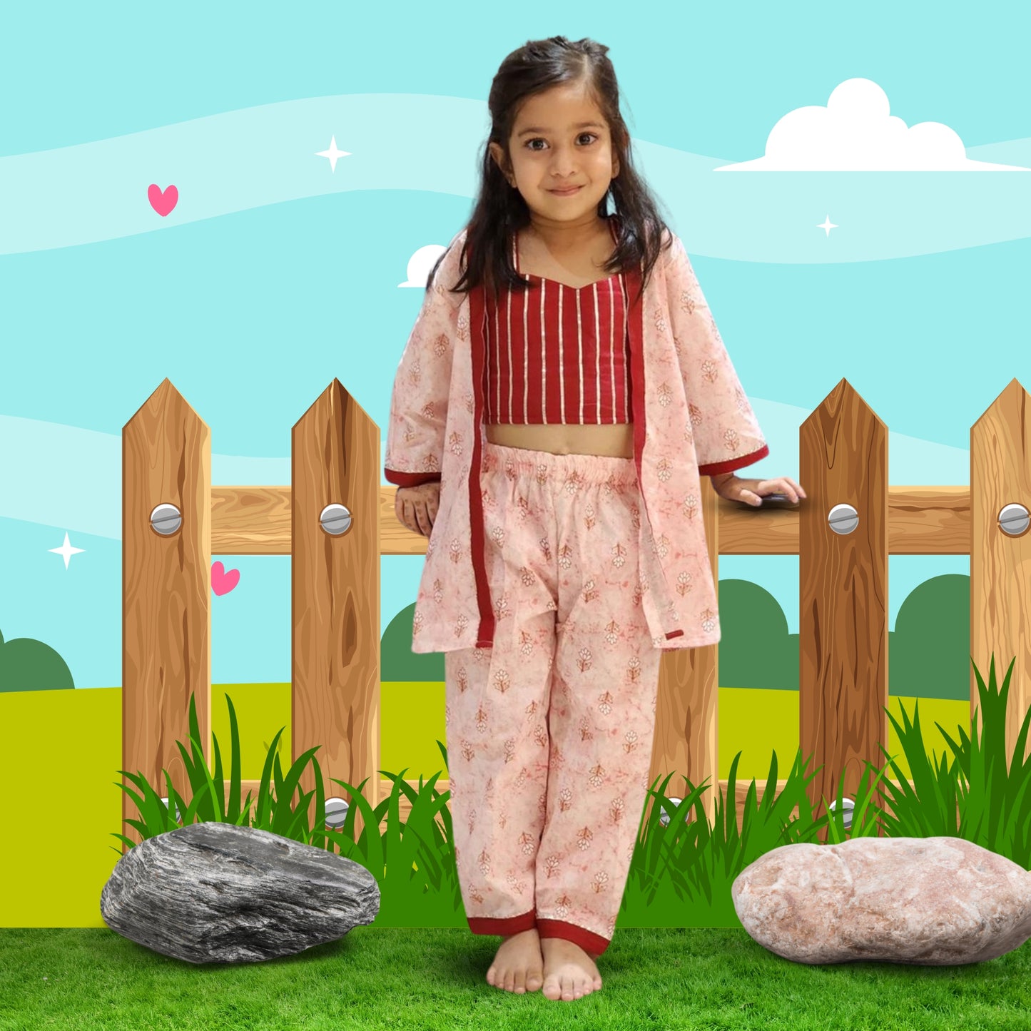 (SS-SS-1004) 100% Cotton Crop Top, Shrug and Pant Set With gota patti work
