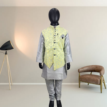 Asymmetric Brocket Silk Jacket, Kurta and Pajama Set