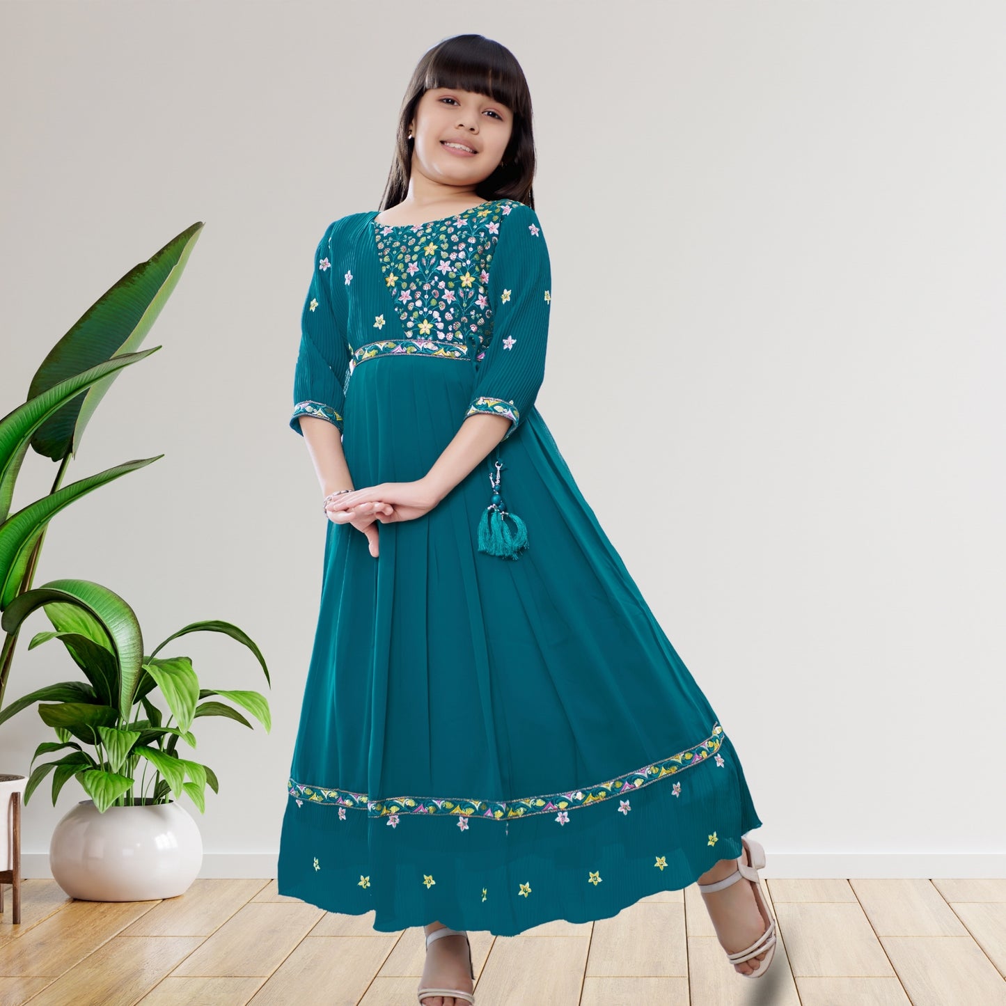 (AD-9102) Teal Blue Multi Color Embroidery Asymmetric Neck Georgette Gown