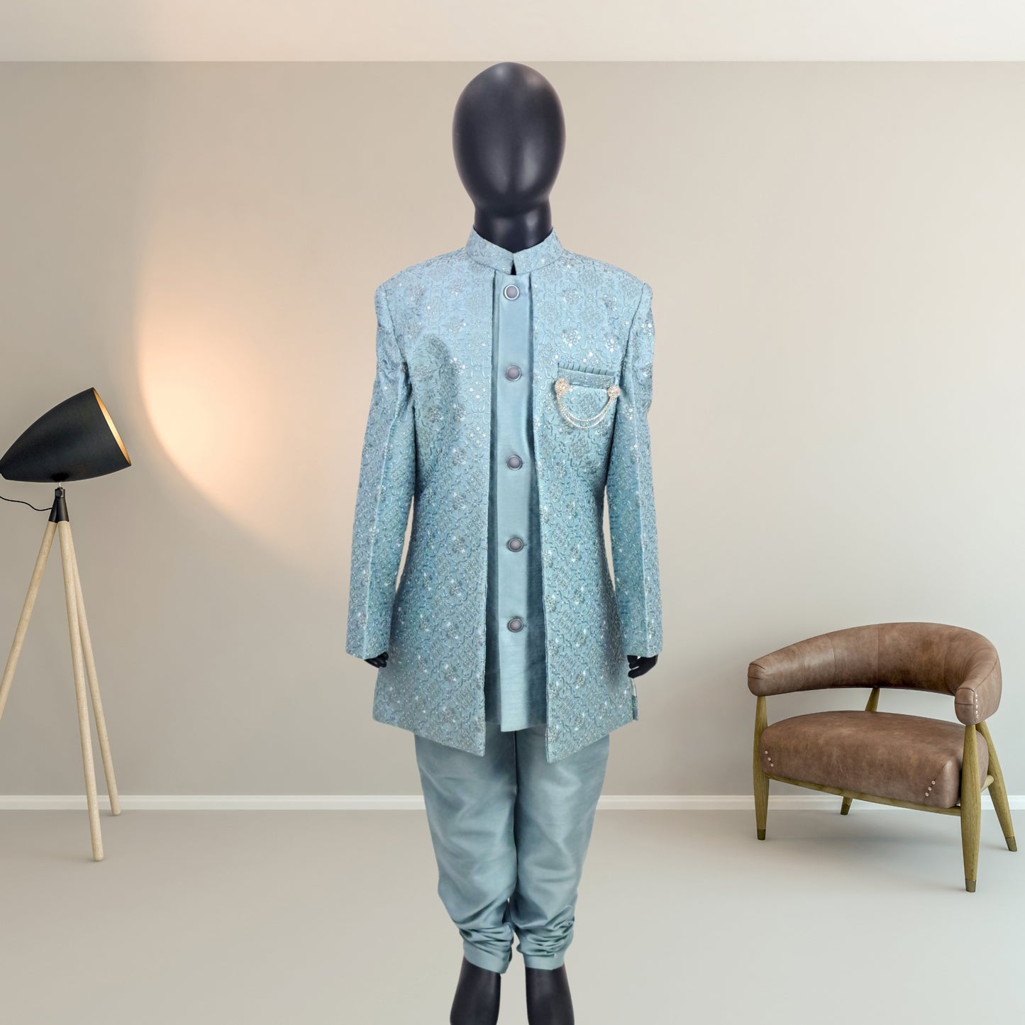 (OJ-MM0069) Turkish Blue Silk Indowestern Jacket and Pajama Set