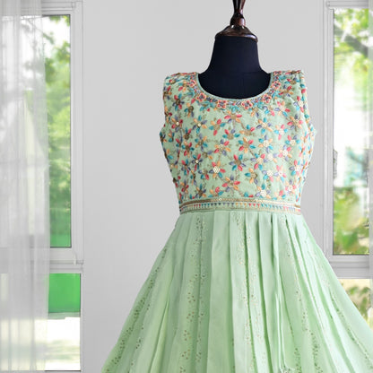 Pista Green Ethnic Dress With Stunning Multi Color Embroidery and Rich Border