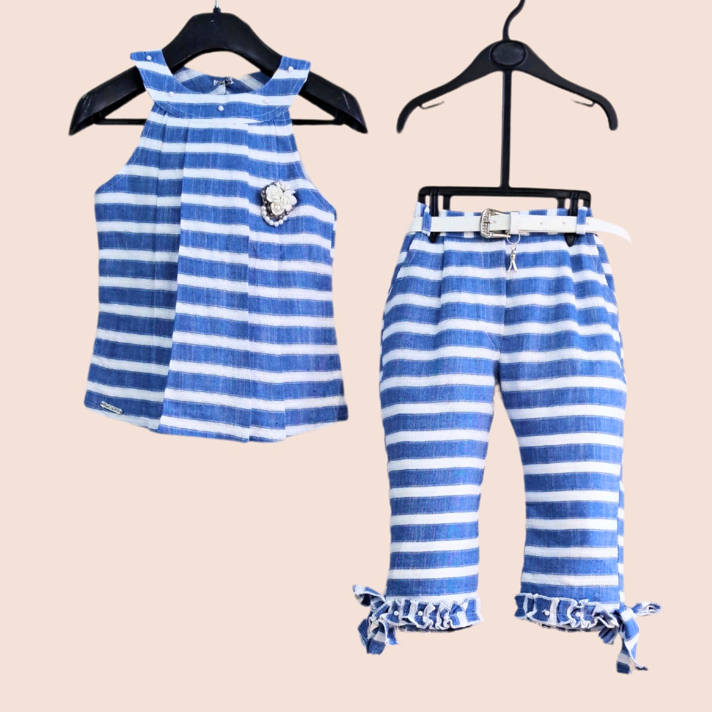 (RC-7672) Pearl Embellished Sleeveless Pleated Top with Pearl and Knot detailing Capri