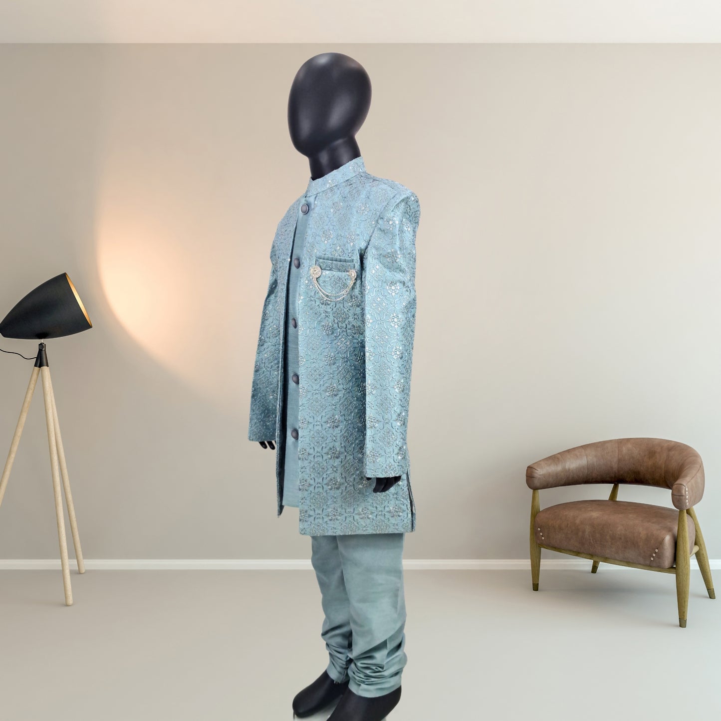 (OJ-MM0069) Turkish Blue Silk Indowestern Jacket and Pajama Set