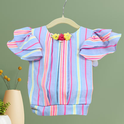 Multi Color Frill Sleeve Striped Coord Set With Belt