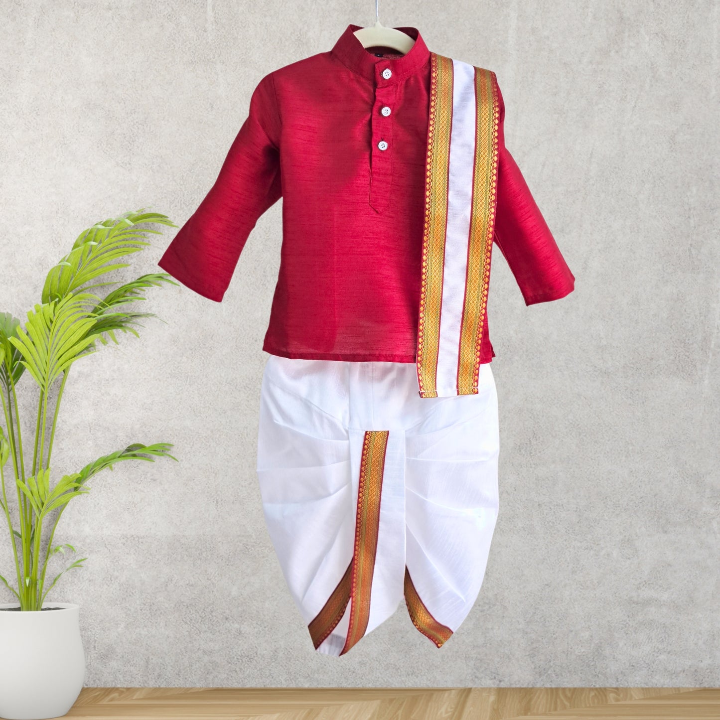 (OJ-PS1285) Maroon Cotton Silk Kurta and Dhoti set with Uparna/Angavastram