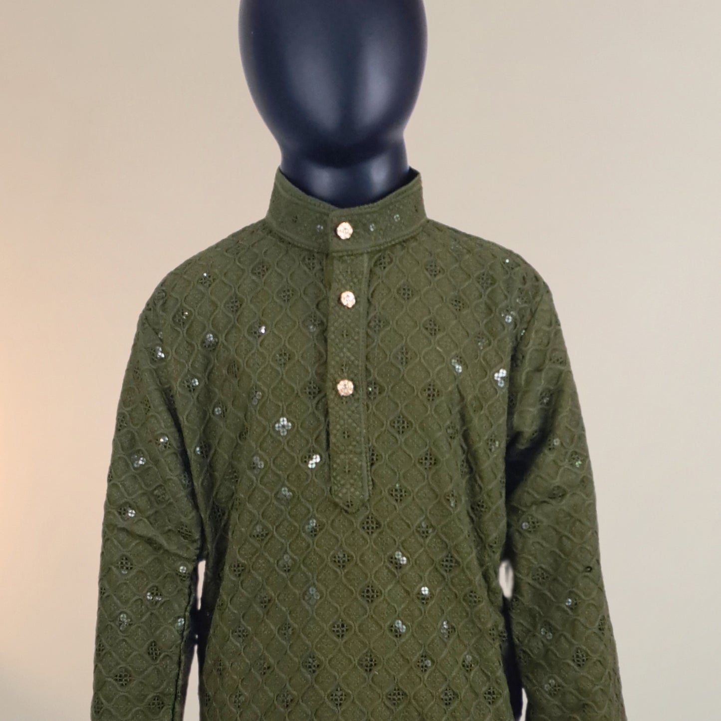 Full Sleeves Sequin Work Chikankari Kurta and Pajama Set - Olive Green