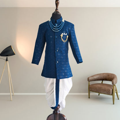 Peacock Blue Indo-western chikankari Kurta and Dhoti set with accessories