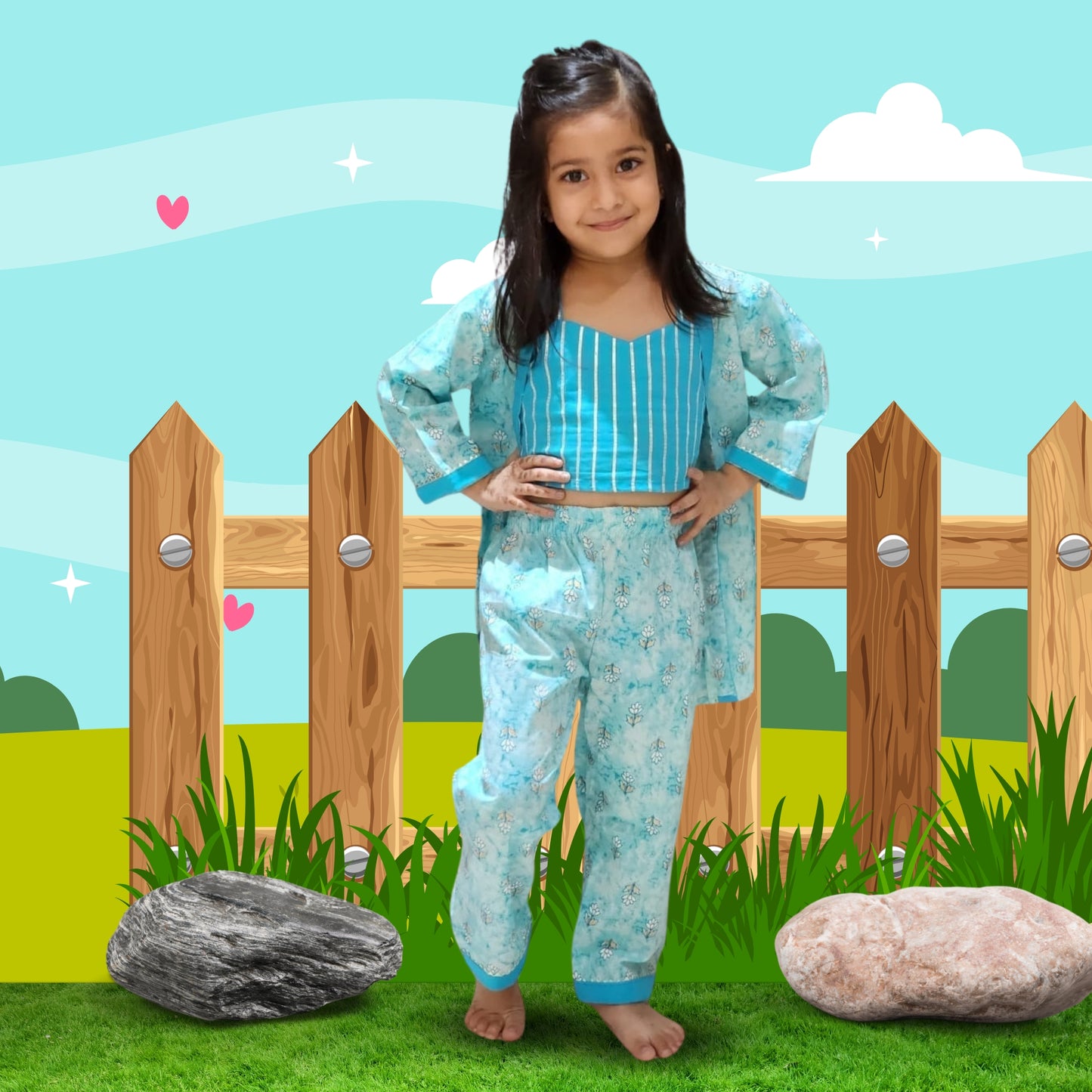 (SS-SS-1004) 100% Cotton Crop Top, Shrug and Pant Set With gota patti work