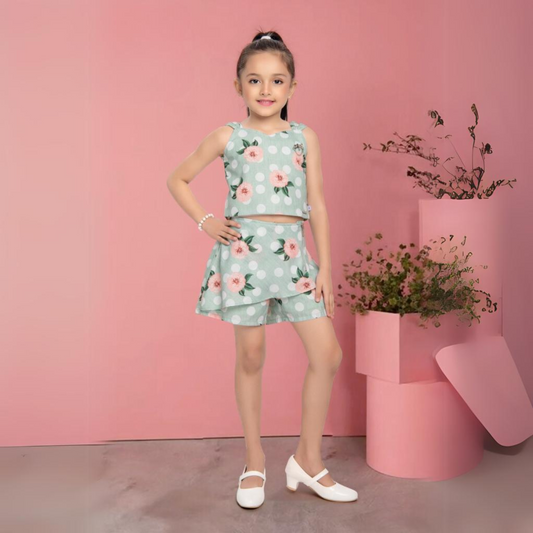 (MK-1314) Pastel Green Divider Skirt and Top with Flower Print