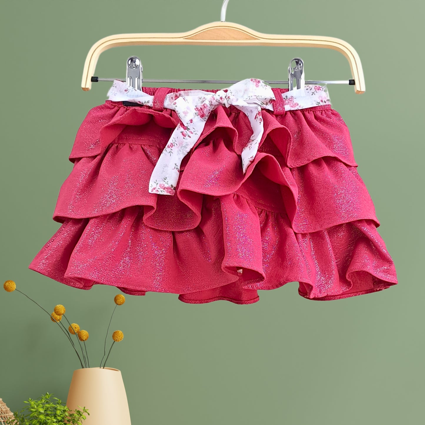 (RC-8798) Flower Printed White Party Top and Dark Pink Shimmer Layered Skirt