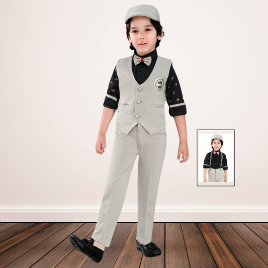 Grey and Black Lycra Full Sleeves Party Suit With Suspender, Hat and Bow