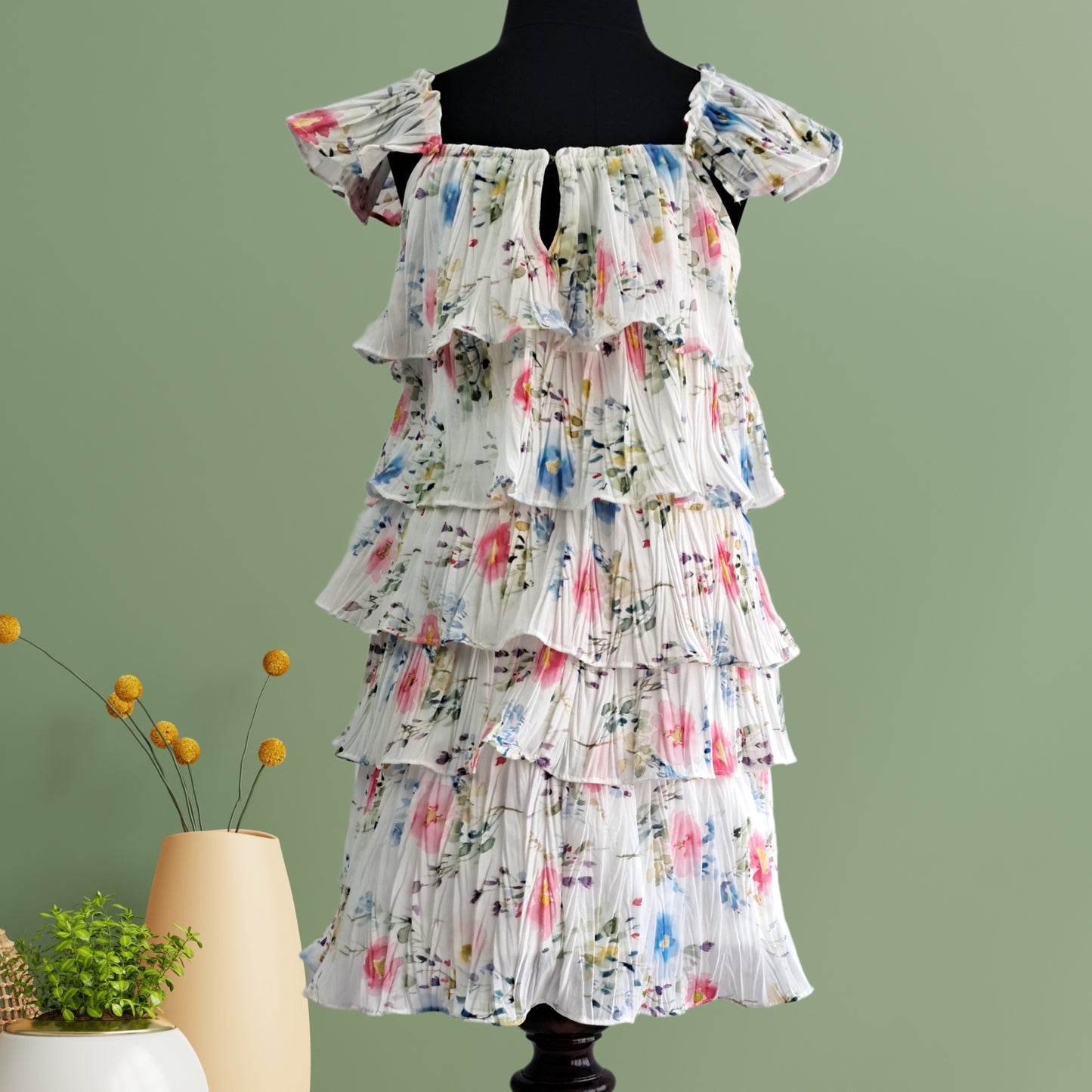 (RC-8854) White Three Layered Skirt and Cap Sleeves Top blooming with Pink and Blue Flower print