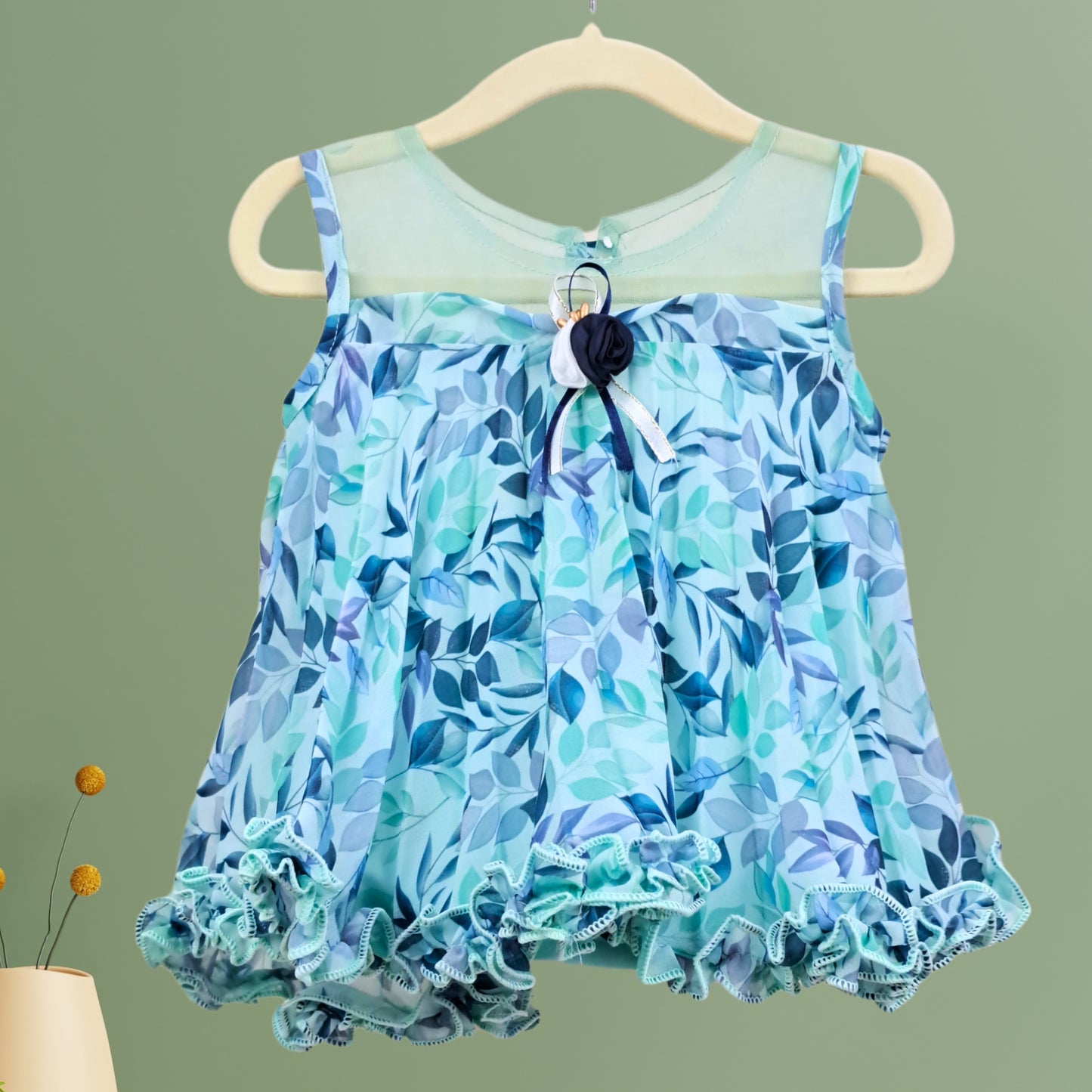 (RC-7754) Sea Green Sleeveless Pleated and Frill Border Top with Matching Capri Jeans