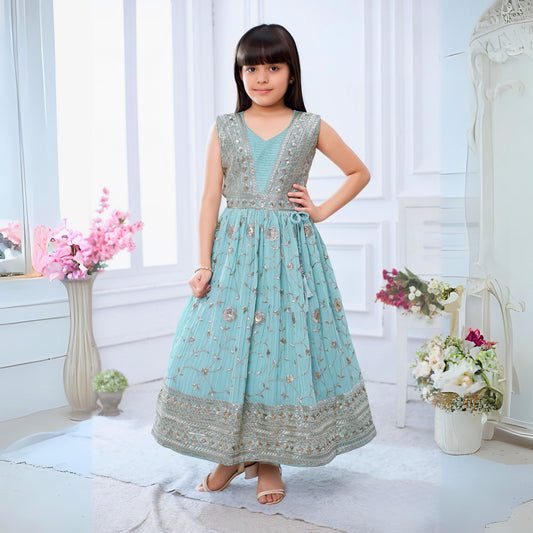 Pastel Blue Ethnic Dress With Beautiful Glowing Ivory Design