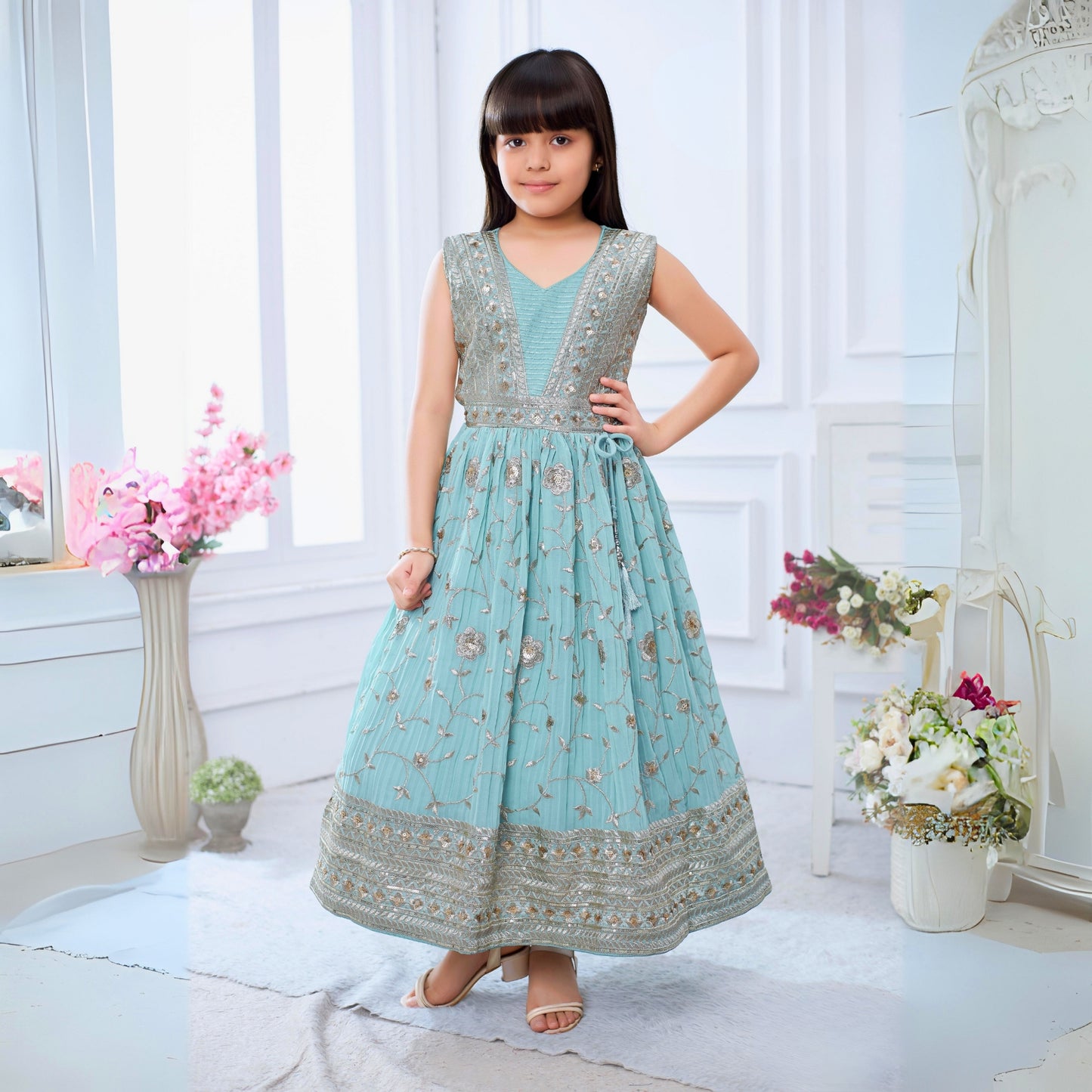 Pastel Blue Ethnic Dress With Beautiful Glowing Ivory Design