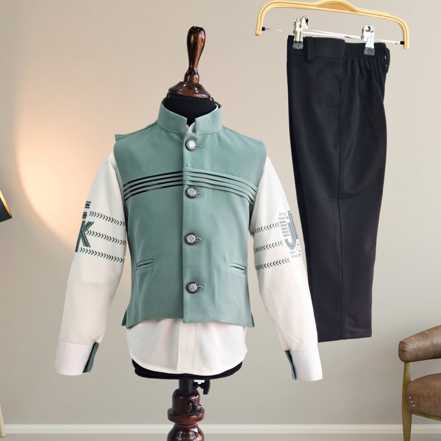 Sea Green Chinese Collar Party Jacket Suit