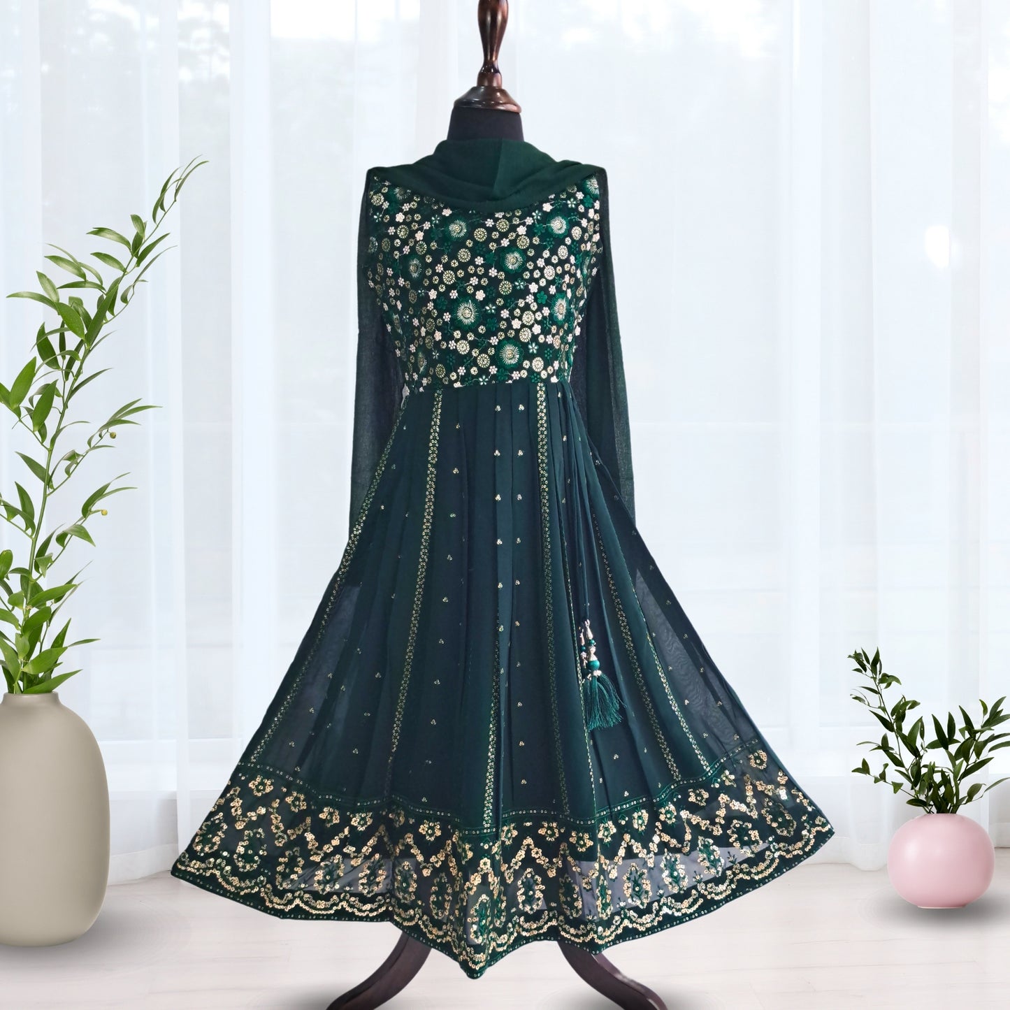Dark Green Ethnic Dress With Elegant Sequin Work and Rich Border