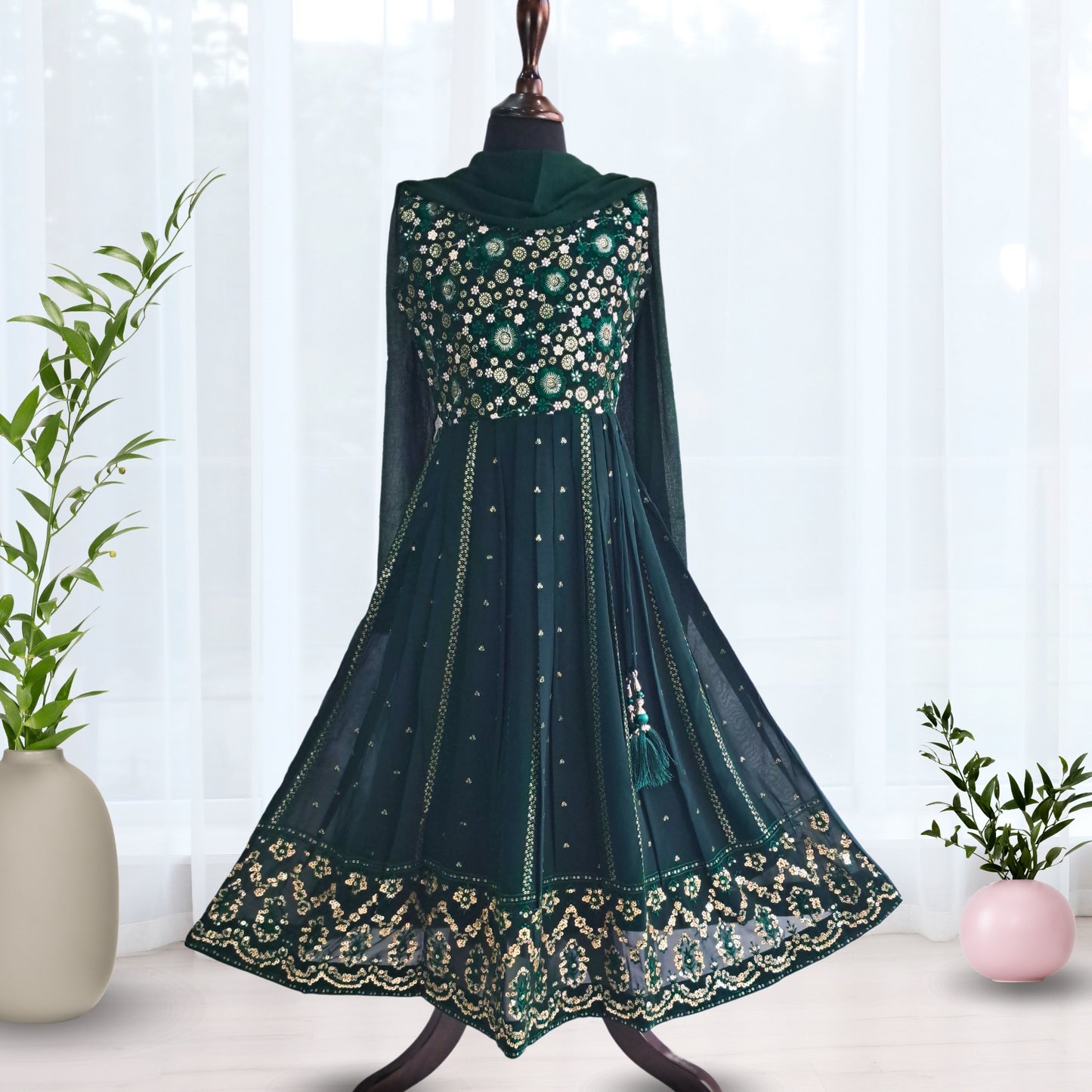 (AD-8992) Dark Green Ethnic Dress With Elegant Sequin Work and Rich Border